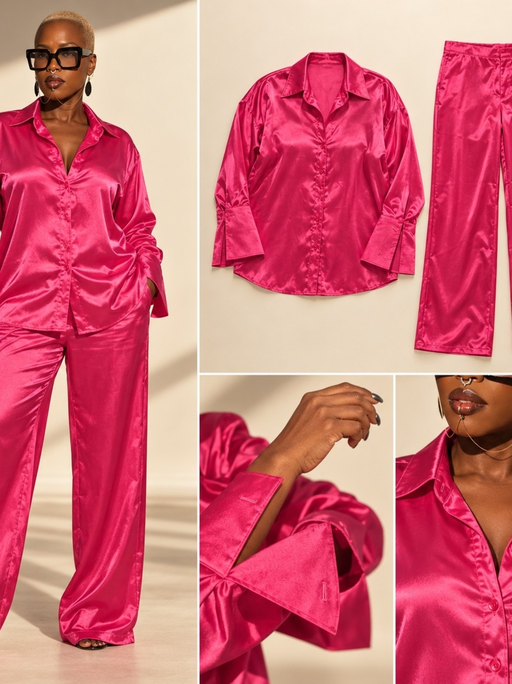 Hot Pink Satin 2-Piece Set Button-Up Shirt & Wide-Leg Pants